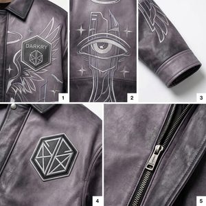 เสื้อแจ็คเก็ตหนังทรงบอมเบอร์ ปักลายปีกเรขาคณิต ปกเสื้อพับได้ สไตล์สตรีทแวร์ สำหรับผู้ชาย ฤดูใบไม้ร่วง - Product Image 6