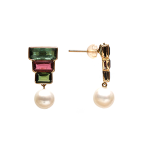 Natural Multicolor Tourmaline Baguette and Pearl Drop <b>Earrings</b> in Solid 18K Yellow Gold Tiered Geometric Deco Statement Studs - Product Image 2