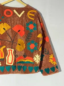 Women Brown Embroidered <b>Velvet</b> Suzani <b>Jacket</b> With Floral Pattern Boho Full Sleeve V-Neck Prairie Chic Style Winter Outerwear - Product Image 6