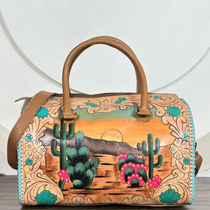 Super September Tooled Leather <b>Handbag</b> 3 piece Matching Combo Collection New cactus sunset Print Women <b>Travel</b> Luggage Set - Product Image 4