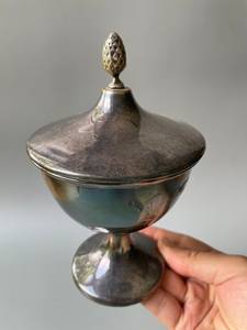 Antique Silver Plated Sugar Bowl with Lid & Spoon, <b>Trophy</b> <b>Cup</b> Style - Product Image 2
