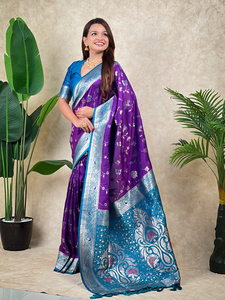 Sari de Seda Banarasi Premium con Tejido Zari, Prenda Étnica Festiva en Verde Loro, Rosa, Verde Pistacho, Morado y Violeta con Blusa sin Coser - Product Image 4