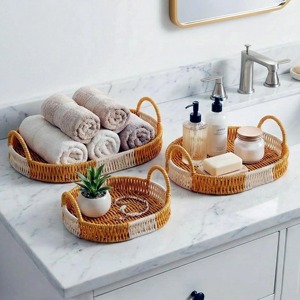 <b>Set</b> Of 3 Minimal Rattan Trays Perfect For Stylish Coffee <b>Serving</b> Snack Display Garden Use And Vanity Organization From India - Product Image 5