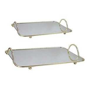 Set of 2 Elegant Gold Metal <b>Mirrored</b> Serving <b>Trays</b> Rectangle Vanity Platter with Loop Handles Luxury Perfume Jewelry Organizer - Product Image 1