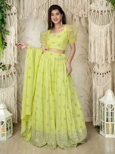 Lime Green Sequin Georgette Lehenga Choli <b>Set</b> Embroidered Two Piece Outfit Dupatta for Wedding Party Banquet - Product Image 4