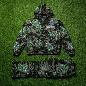 <b>Mens</b> <b>Camo</b> Tracksuit Set Rhinestone Leaf Print Hoodie <b>Cargo</b> Pants Custom Streetwear Sportswear Matching Outfit - Product Image 4