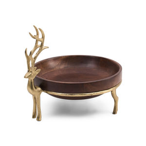 Cuenco de metal con forma de reno y base de madera para servir alimentos, cuenco redondo para frutas y ensaladas, para decoración de mesa de comedor y cocina. - Product Image 1