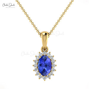 <b>Top</b> Quality Round Cut 6x4mm Tanzanite & Diamond Halo Pendant 14k Solid Gold Dual Birthstone Pendant Perfect Gift for <b>Easter</b> Day - Product Image 1