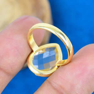 White Topaz Pear Shape Cut Gemstone 18k Gold Plated Bezel Handmade Trendy <b>Ring</b> For Women - Product Image 3
