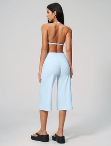 Ensemble de yoga 2 pièces bleu clair, haut court dos nu à col en V profond et pantalon taille haute mi-mollet, sans couture, en Spandex et Polyester - Product Image 3