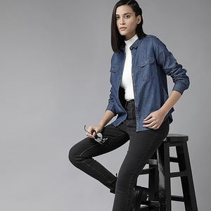 Fashionable Women's Casual Solid Denim Shirts Regular Fit Dual Breasted Anti-Pilling Professional Outwear Everyday Shirt - Product Image 2