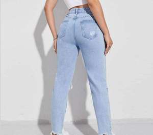 Jeans de mezclilla de cintura alta con logo personalizado, los más vendidos, para mujer, estilo vintage, azules, rasgados, de pierna ancha - Product Image 6