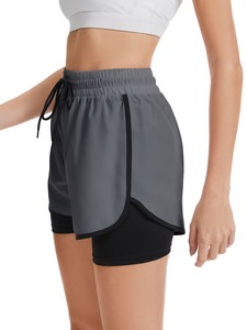Shorts de sport pour femme à cordon de serrage, tissage superposé, séchage rapide, couleur unie, taille mi-haute, coupe élastique - Product Image 5
