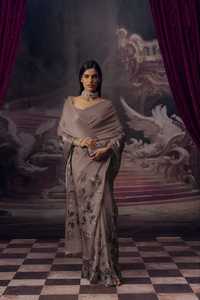 Sari de seda morado con diseño floral de boutique india, blusa a juego, vestido tradicional para mujer, para bodas, banquetes y fiestas, lo último en moda. - Product Image 6
