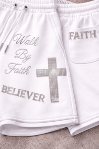 Servicio OEM al por mayor: Pantalones cortos de algodón para hombre con diseño de Jesús, lavado ácido y pedrería, personalizados, de marca privada, color blanco, nueva llegada. - Product Image 6