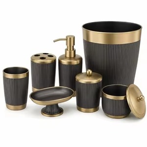 Ensemble de salle de bain en métal, six pièces, rond, moderne, porte-brosse à dents, distributeur de savon, gobelet, poubelle, organisateur - Product Image 3