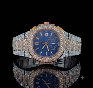 Luxury Men's Mechanical <b>Chronograph</b> Watch 43mm Blue Dial Diamond Bezel Stainless Steel Band Folding Clasp Watch - Product Image 1
