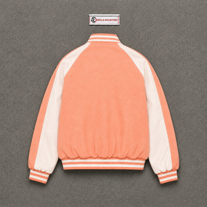 Blouson universitaire décontracté en laine pêche avec fermeture éclair frontale, doublure polaire, coupe régulière, col rabattable, style urbain, vente en gros - Product Image 6