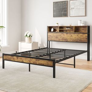 Full-Size Metal <b>Platform</b> <b>Bed</b> <b>Frame</b> with Storage Headboard Charging Station Bookcase-No Box Spring Needed - Product Image 6