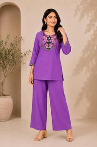 <b>Women</b> Traditional Cotton <b>Kurta</b> Set Embroidery Work Regular Fit Regular Length Blue Party Casual Wear India Pakistan Quick Dry - Product Image 2