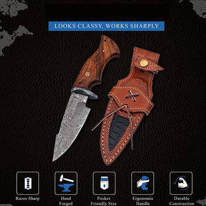 Couteau artisanal en acier Damas à lame pointue avec manche en bois et étui en cuir pour la chasse - Product Image 5