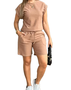OEM ODM Custom Logo Women's Two Piece Strapless Casual <b>Set</b> Solid <b>Knitted</b> Polyester Cotton Summer Fashion Short Crop Wide Shorts - Product Image 1