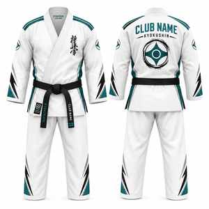 Uniforme de Karate Kyokushin Club, Blanco y Verde Azulado, Sublimado, Manga Corta, Cuello en V, Unisex para Adultos, con Impresión del Nombre del Equipo - Product Image 1