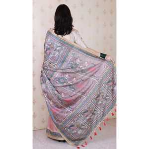 Sari de Noche de Seda Tussar con Estampado Tradicional Madhubani de Elite Weaves, con Borde Tejido con Zari, Color Melocotón Empolvado, Sin Arrugas, 450g - Product Image 4