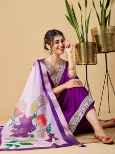 Women's Premium Purple Chinon Viscose Embroidery Kurti with Chinon Pant And jacquard print <b>Blend</b> Dupatta Sets - Product Image 5