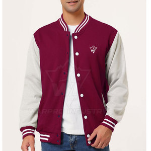 Fashion Forward Men Jacket Letterman Style Wool Blend <b>Covered</b> <b>Button</b> Front Contrast Sleeve Design Casual Daily Wear Clothing - Product Image 2