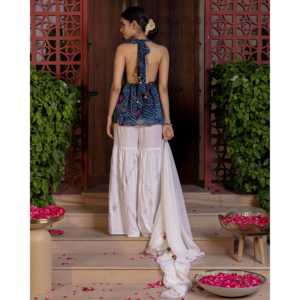 Conjunto de Salwar Kameez Sharara Palma Blue Bandhani, Talla XS, para Bodas y Eventos - Product Image 3