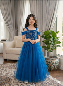 Vestido Largo de Tul con Bordado Floral de Gasa para Niñas, Estilo Princesa, Cuello Cuadrado, para Fiestas Formales, Color Azul Verano - Product Image 1