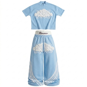 Ensemble t-shirt court et pantalon large pour femme, broderie personnalisée, 100% coton, léger, tenue décontractée tendance - Product Image 1