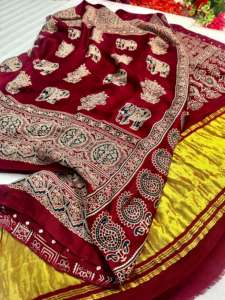 Collection de saris traditionnels en soie pure de qualité supérieure, imprimés Ajrakh, avec bordure Lagadi Patta, pour les occasions de fête, disponible en gros - Product Image 2