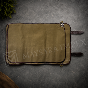 Maysara Impex OEM Wholesale 9 Pocket Brown Canvas Knife <b>Roll</b> <b>Bag</b> Heavy Duty Chef <b>Tool</b> Organizer with Leather Straps - Product Image 3