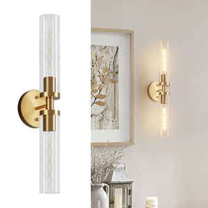 Set di Due Applique da Bagno Moderne Dorate con Vetro Trasparente, Illuminazione a Parete Elegante e Moderna - Product Image 1
