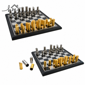 Luxury Brass <b>Chess</b> Set Gold And Silver Cylindrical Pieces Black Checkered Board Modern Geometric Strategy <b>Table</b> Decor - Product Image 1