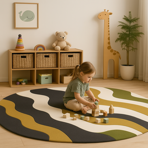 Tapis de qualité supérieure, rond, à motifs superposés, vert clair et foncé, motif crème, écologique, pour salon - Product Image 3