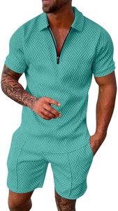 Ensemble chemise polo et short pour homme, en tricot brodé turquoise uni, respirant, pour l'été, tenue formelle - Product Image 4