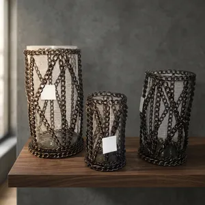 Ensemble de pots à bougies en verre cylindriques avec base en métal, décoration d'intérieur, vase vide pour usage intérieur - Product Image 5