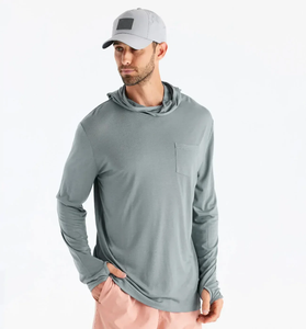 Men's Long Sleeve Hooded Fishing Shirt UPF 50 Quick Dry Solid Color Logo Front Print Pullover Top - Product Image 4