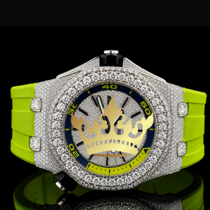 Montre à quartz de luxe avec bracelet vert néon, entièrement sertie de pierres, montre de sport pour homme, montre de mode - Product Image 1