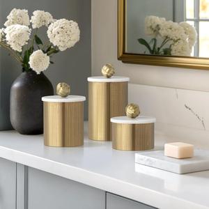 Custom Logo Luxury Brass Marble <b>Canister</b> <b>Set</b> 3-Piece Fluted Metal Jar White Marble Lid Wholesale - Product Image 1