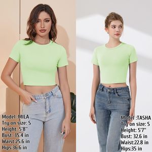 Women's <b>Lime</b> <b>Green</b> Cropped T-<b>Shirt</b> Short Sleeve Crew Neck Slim Fit Knitted Solid Color Casual Spring Summer Top - Product Image 4