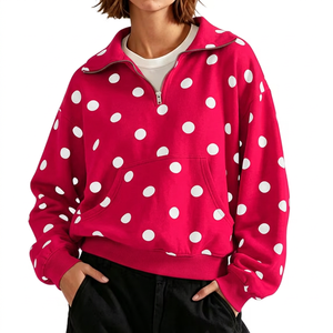 High Quality <b>Women</b> Polka Dot <b>Quarter</b> <b>Zip</b> Sweatshirt Oversize Pullover 100%Cotton Stand Collar Outdoor Traveling Wear Winter Tops - Product Image 1