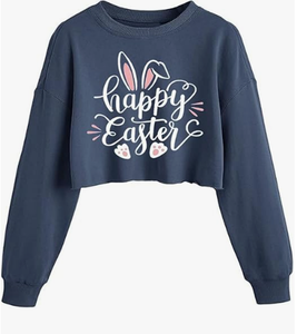 Sweat-shirt court à motif lapin amusant pour femme, pull à manches longues pour le printemps et Pâques, haut de fête - Product Image 6