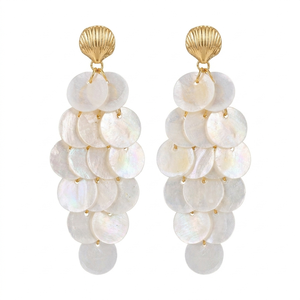 Boucles d'oreilles pendantes exquises en nacre naturelle, bijoux élégants faits à la main en coquillage irisé pour mariage et occasions formelles - Product Image 1
