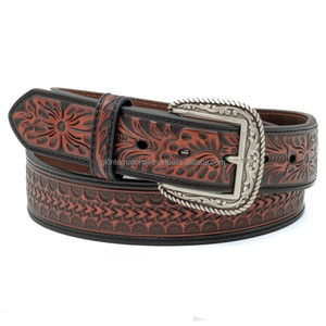 Cinturón de cuero genuino para hombre, hecho en India, estilo western, con hebilla de latón grabada con motivos florales, cinturón de vaquero. - Product Image 1