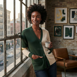 <span class=keywords><strong>Cardigan</strong></span> a Maniche Lunghe con Scollo a V in Maglia Bicolore Verde Militare e <span class=keywords><strong>Beige</strong></span>, Stile Casual, della Confraternita Internazionale Cosh - Product Image 4