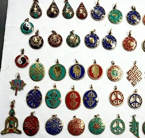 Brass and Copper Religious Carved <b>Engraved</b> Buddhist Mantra Ghau & Charm Pendants Handmade Nepal Model Gift - Product Image 3